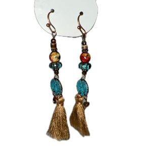New Boho Aztec-Inspired Dangle Earrings with Teal, Earth Tone & Brown Tassel